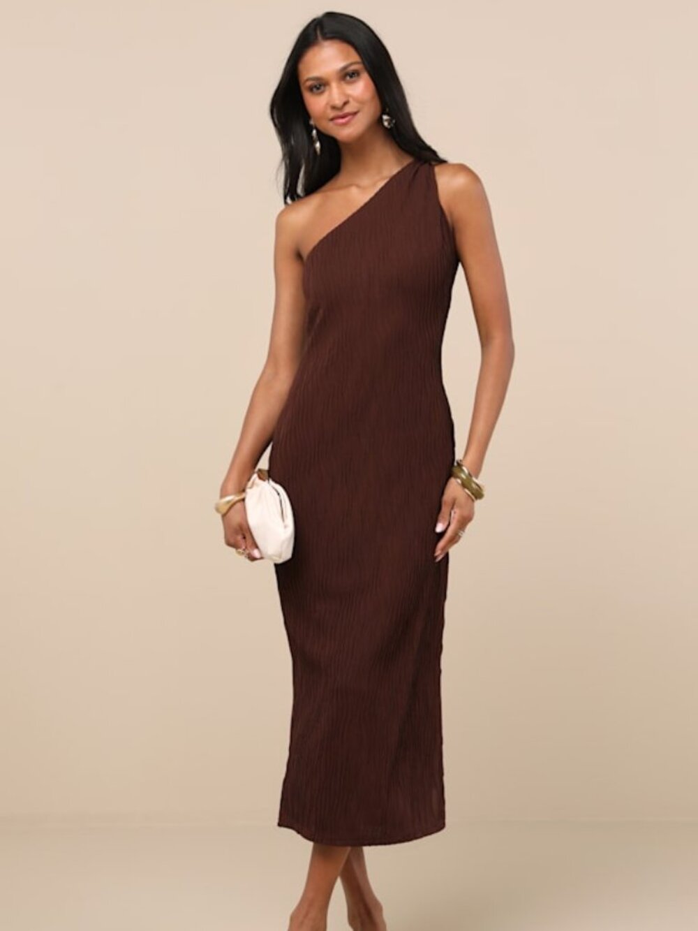 Lulus Aristea Brown Textured One-shoulder Midi Dress - Size M